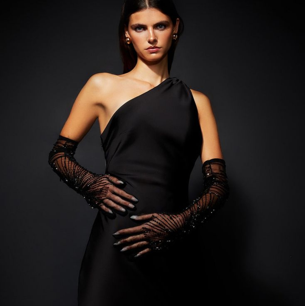 Nwt Khanum's Komarni One Shoulder Dress Formal Wedding Black Xs Lined Zip — image 2 of 8